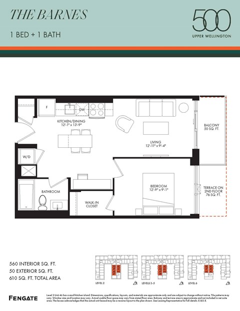 Floor plan for 1 bed, 1 bath, 560 sqft